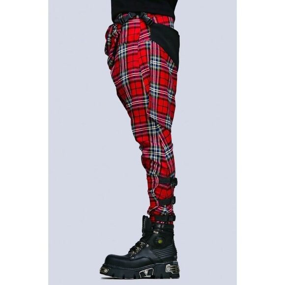 Long Clothing Red Tartan Clip Pants Punk Patch Buckle Straps Y2K Streetwear S - Picture 8 of 10
